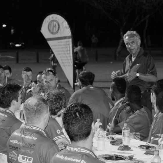 NO MORE campaigner Charlie King talks to Darwin Olympic SC at their pasta dinner night about family violence.