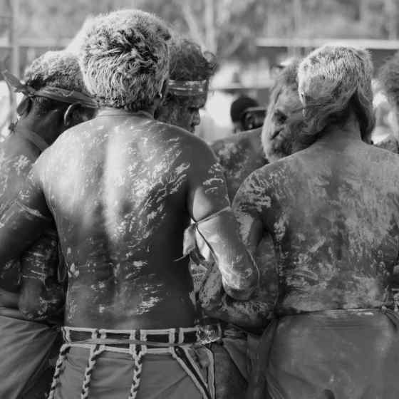 Bunggul dancers link arms in support of the NO MORE Campaign.